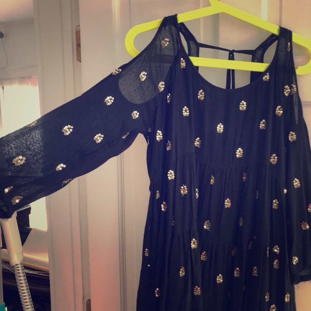 RARE Free People Sequined Black Tiered Gypsy Dress